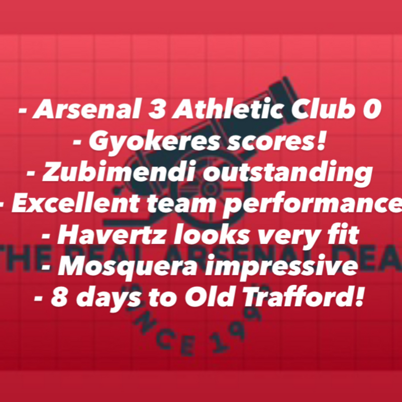 Arsenal 3 Athletic Club 0, now that’s more like it! Gyokeres scores and Zubimendi outstanding in a comprehensive performance at The Emirates.