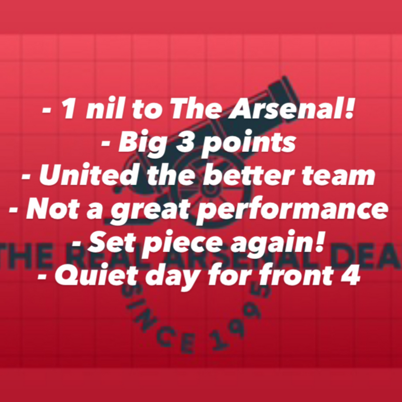 1 nil to The Arsenal! 3 points and a clean sheet despite an unusually poor performance. Raya and set pieces made the difference!